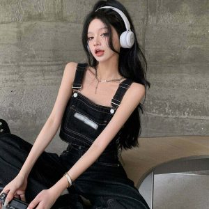 Y2K Black Jeans Overalls Set - 90s Grunge, Retro Summer, Y2K Party & Club Out