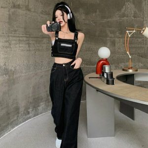 Y2K Black Jeans Overalls Set - 90s Grunge, Retro Summer, Y2K Party & Club Out