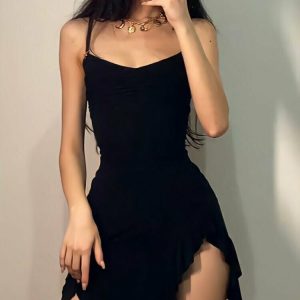 Y2K Black Spaghetti Strap Mini Dress - 90s Grunge, Retro Summer, Party & Club Outfit