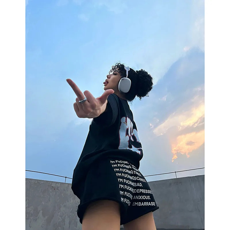 Y2K Black Summer High Waist Sports Shorts: Ripped Punk Letter Street Style Sexy Girl Hot Pants