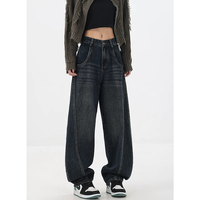 Y2K Blue Baggy Straight Jeans - Oversized High Waist Denim Pants