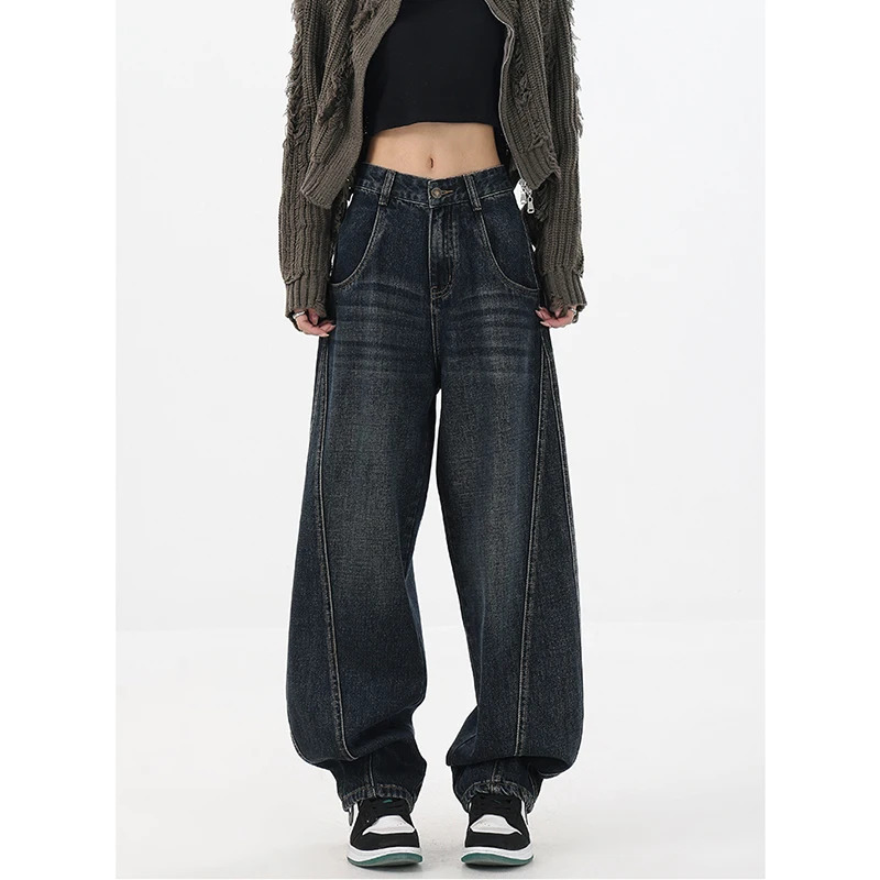 Y2K Blue Baggy Straight Jeans - Oversized High Waist Denim Pants