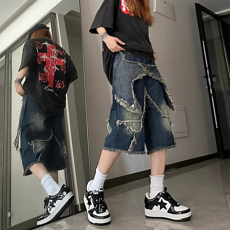 Y2K Blue Cargo Denim Shorts: High Waist Wide Leg Streetwear Hip Hop Casual Trousers