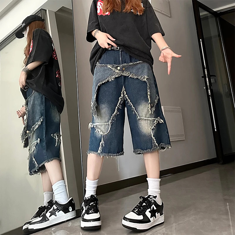 Y2K Blue Cargo Denim Shorts: High Waist Wide Leg Streetwear Hip Hop Casual Trousers