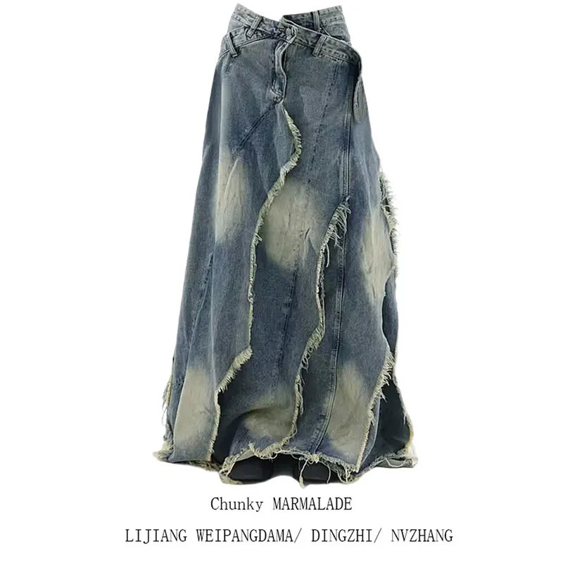 Y2K Blue Denim Tassel Skirt - High Waist Vintage Casual Mid-Length Bottoms