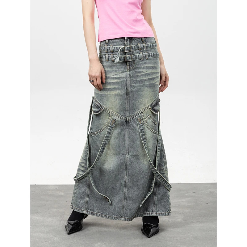 Y2K Blue Denim Tassel Skirt: Vintage High-Waist Gradient Bottoms