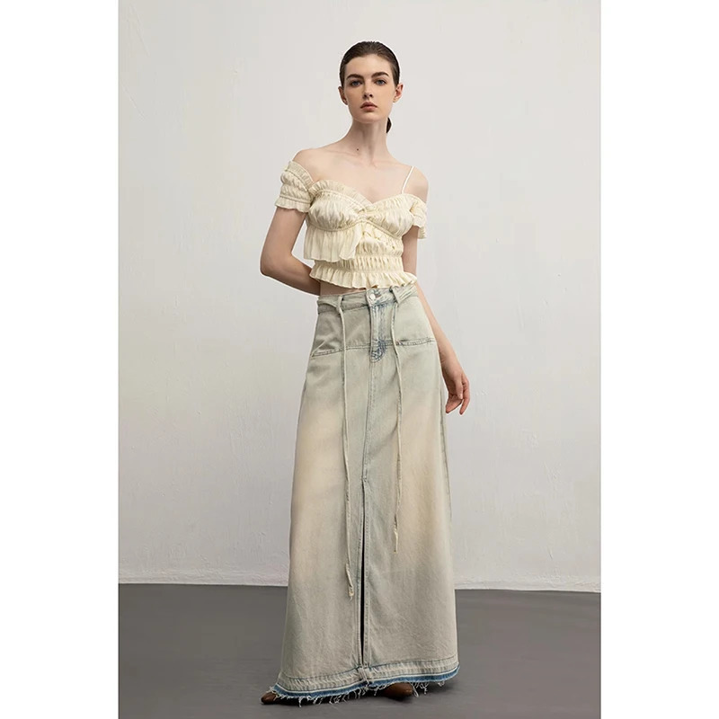 Y2K Blue Denim Tassel Skirt: Vintage High-Waist Gradient Bottoms