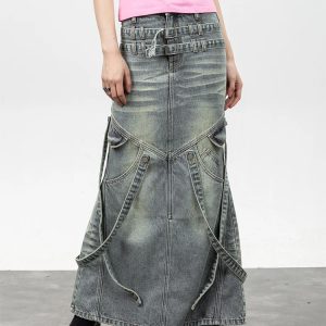 Y2K Blue Denim Tassel Skirt: Vintage High-Waist Gradient Bottoms