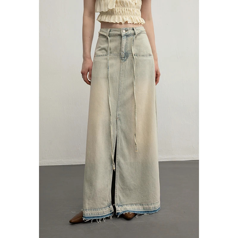 Y2K Blue Denim Tassel Skirt: Vintage High-Waist Gradient Bottoms