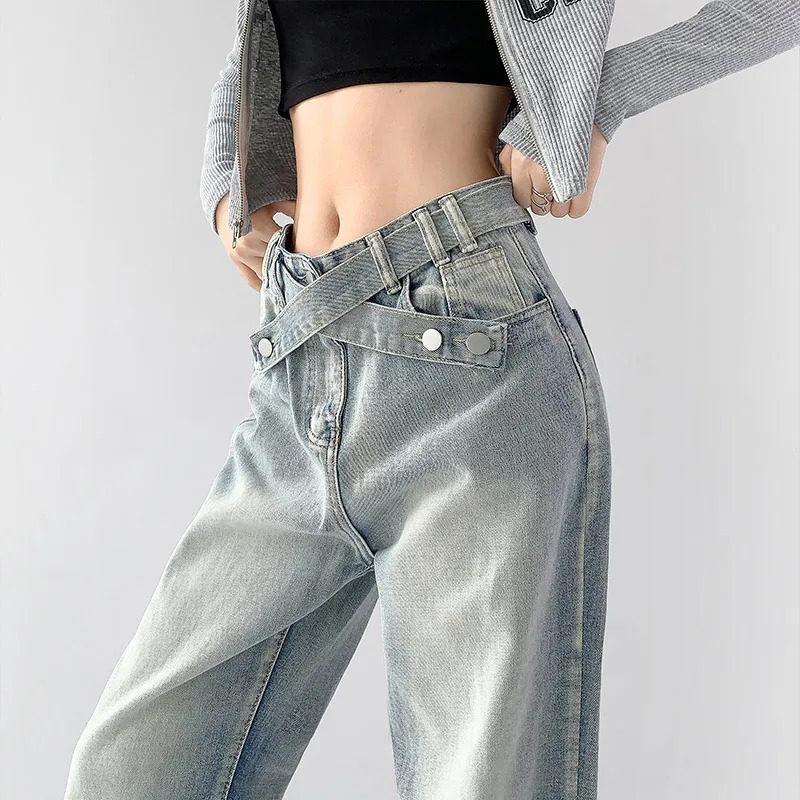 Y2K Blue Gradient Vintage High Waist Jeans - Retro Streetwear Wide Leg Denim Pants