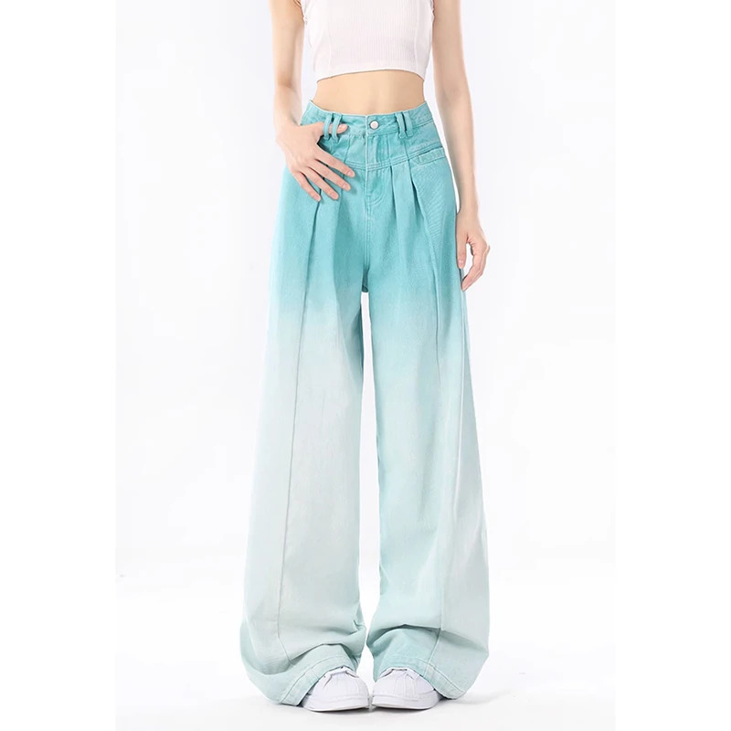 Y2K Blue Gradient Wash High Waist Denim Pants - Retro Harajuku Style for Women