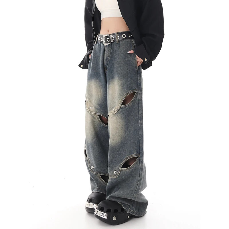 Y2K Blue High Waist Wide Leg Jeans - American Hollow Out Design, Chic Spliced Denim Pants