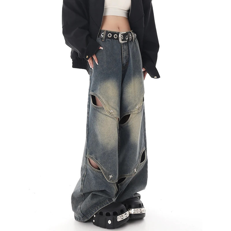 Y2K Blue High Waist Wide Leg Jeans - American Hollow Out Design, Chic Spliced Denim Pants