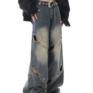 Y2K Blue High Waist Wide Leg Jeans - American Hollow Out Design, Chic Spliced Denim Pants