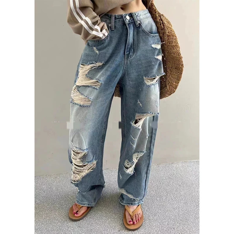 Y2K Blue High Waist Wide Leg Jeans - American Retro Style Denim Pants