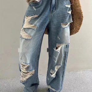 Y2K Blue High Waist Wide Leg Jeans - American Retro Style Denim Pants