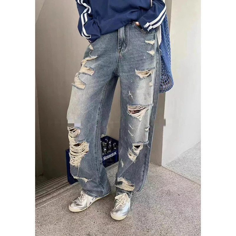 Y2K Blue High Waist Wide Leg Jeans - American Retro Style Denim Pants