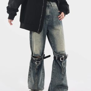 Y2K Blue High Waist Wide Leg Jeans - American Retro Style Hollow Out Design for Women