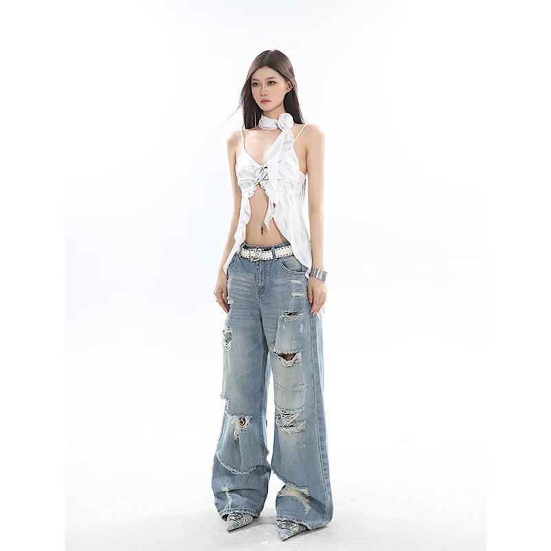 Y2K Blue High Waist Wide Leg Jeans - American Retro Style Hollow Out Design for Women