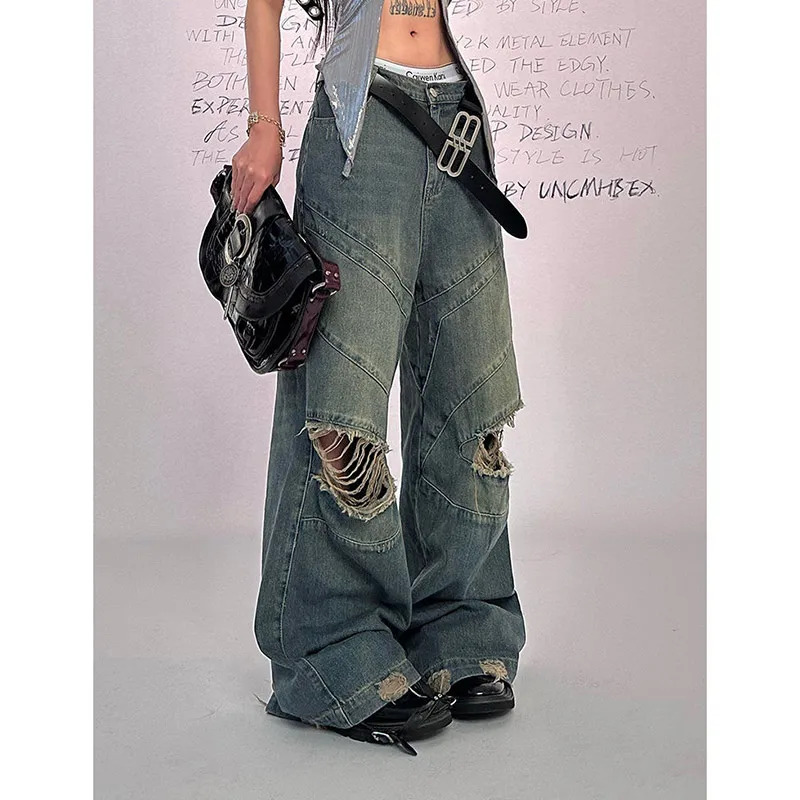 Y2K Blue High Waist Wide Leg Jeans - American Retro Style Hollow Out Design for Women