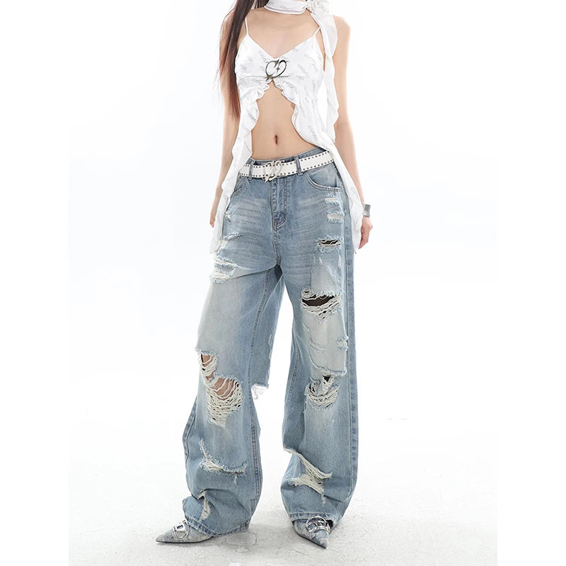 Y2K Blue High Waist Wide Leg Jeans - American Retro Style Hollow Out Design for Women