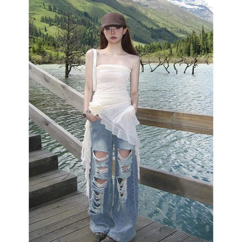 Y2K Blue High Waist Wide Leg Jeans - American Retro Style Hollow Out Design for Women