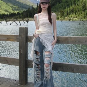 Y2K Blue High Waist Wide Leg Jeans - American Retro Style Hollow Out Design for Women