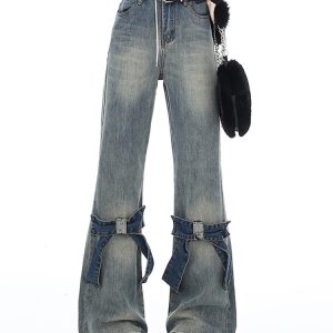 Y2K Blue High Waist Wide Leg Jeans - American Streetwear Fashion with Chic Bow Detail