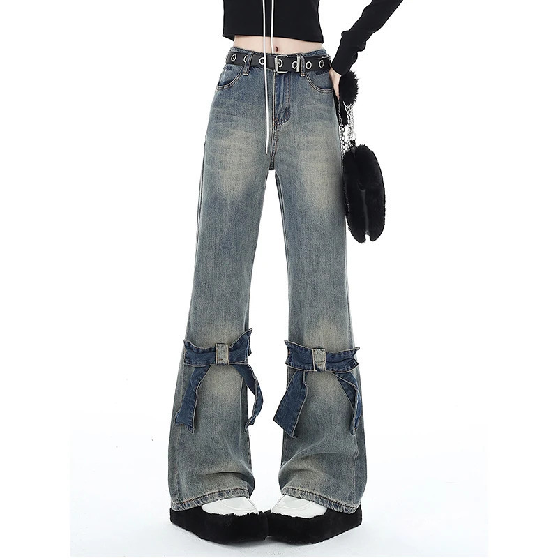 Y2K Blue High Waist Wide Leg Jeans - American Streetwear Fashion with Chic Bow Detail