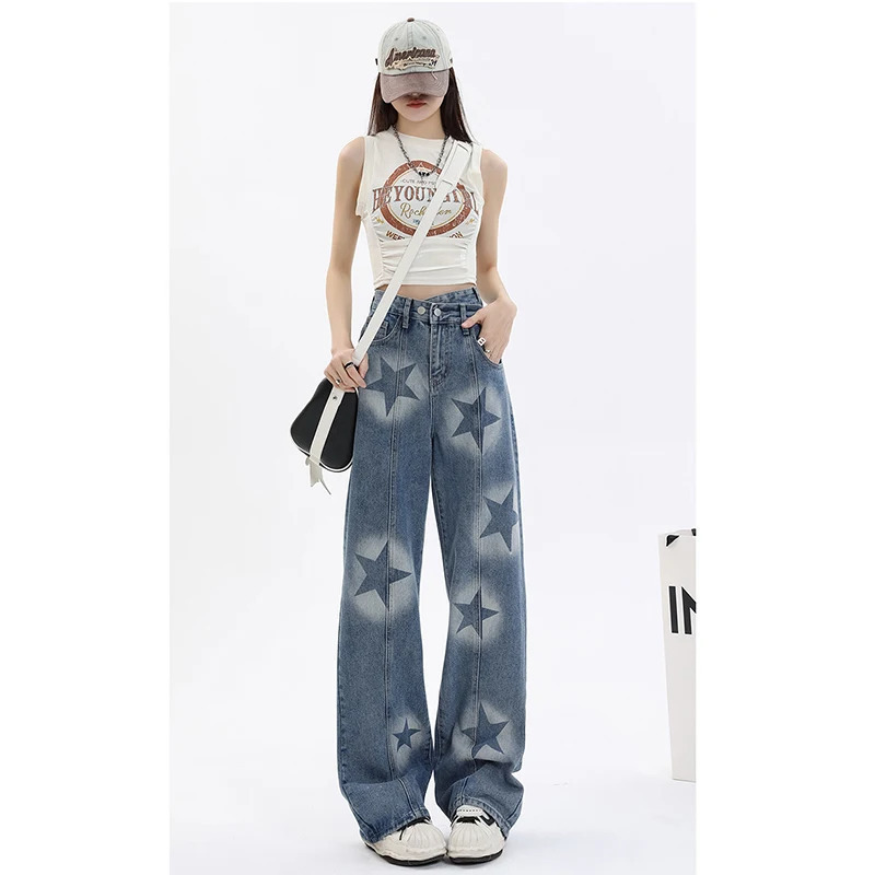 Y2K Blue Jeans Women's Streetwear Fashion High Waist Wide Leg Denim Pants