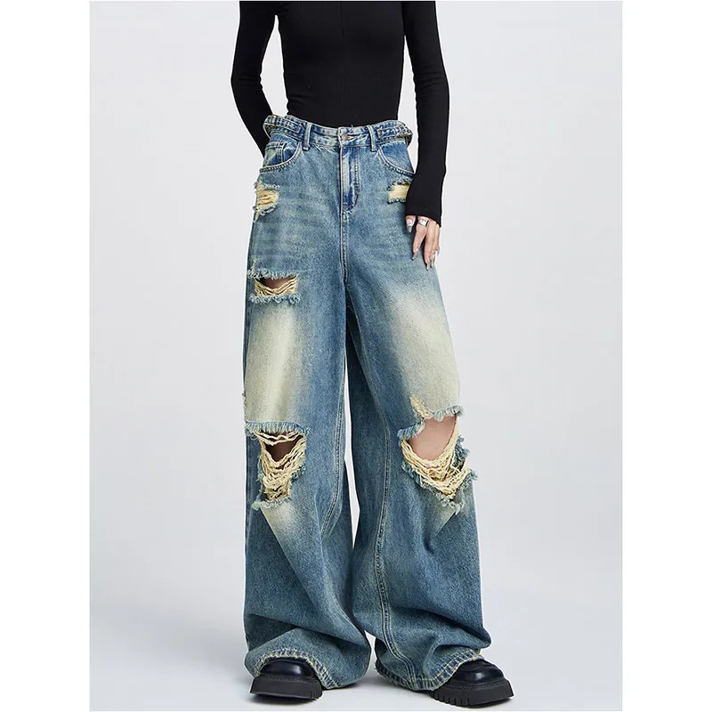 Y2K Blue Ripped Jeans: Retro High Street Summer Pants