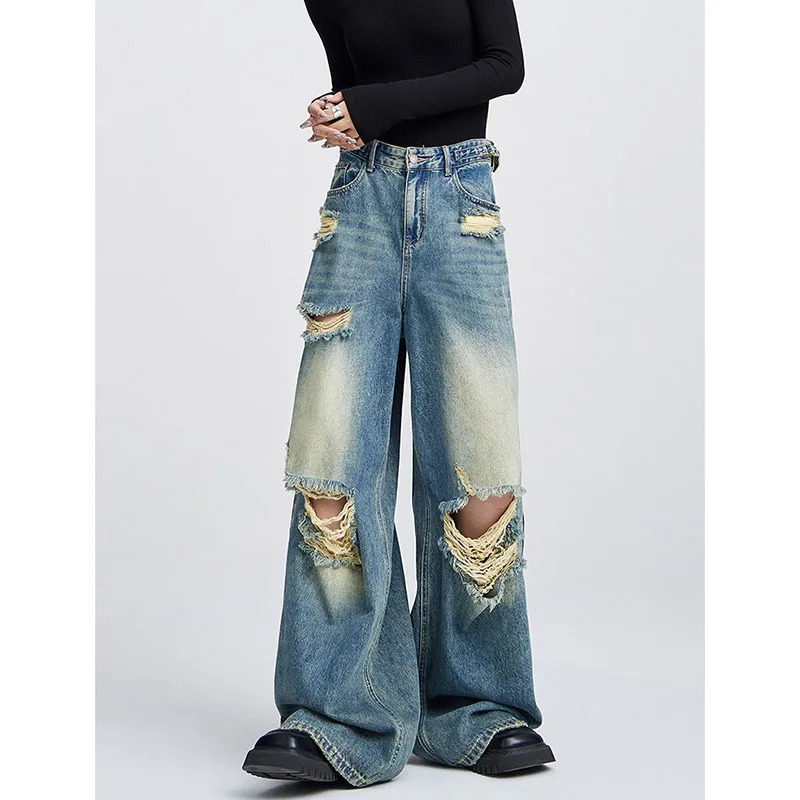 Y2K Blue Ripped Jeans: Retro High Street Summer Pants