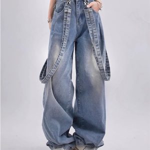 Y2K Blue Straight Jeans with Belt - American Street Fashion for Women