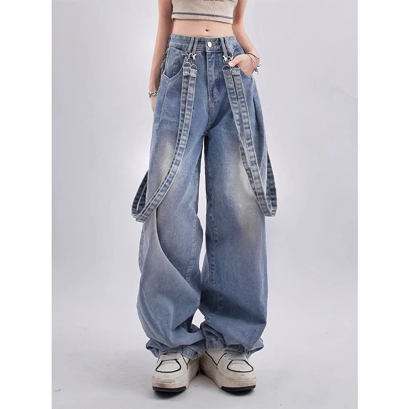 Y2K Blue Straight Jeans with Belt - American Street Fashion for Women