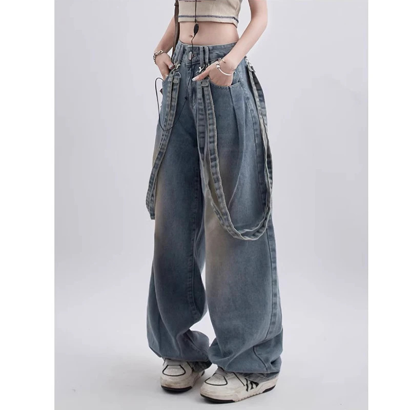 Y2K Blue Straight Jeans with Belt - American Street Fashion for Women