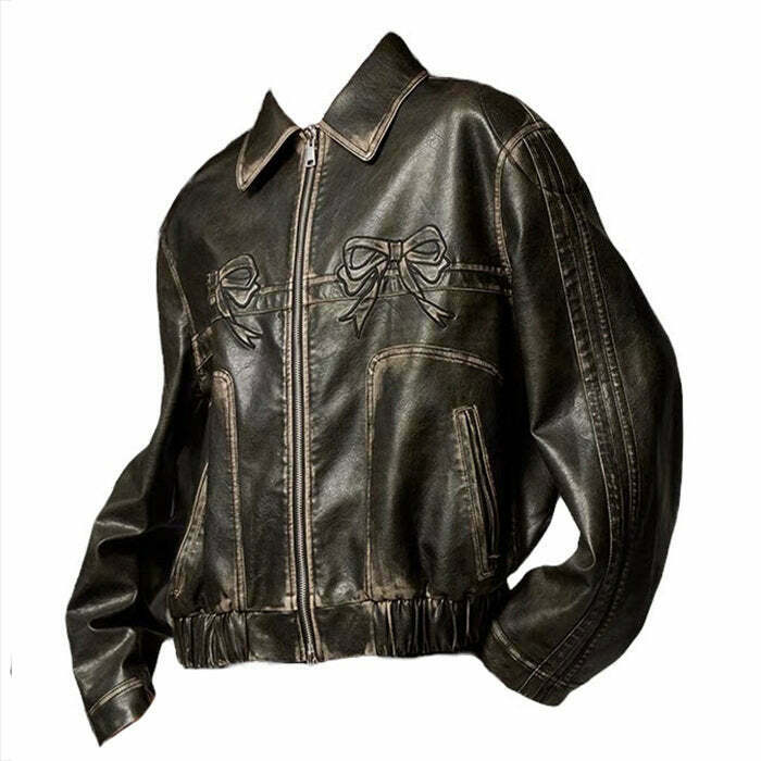 Y2K Bow Motorcycle Jacket - Retro 90s Grunge, Summer Y2K Outfits, Pastel Goth Style