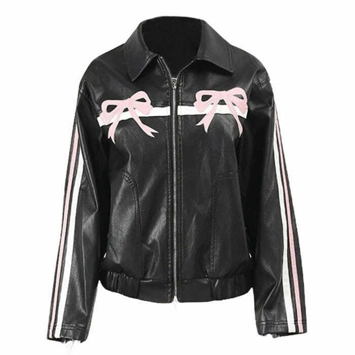 Y2K Bow Motorcycle Jacket - Retro 90s Grunge, Summer Y2K Outfits, Pastel Goth Style