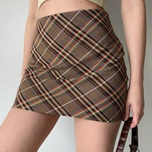 Y2K Brown Tartan Skirt - 90s Grunge, Retro Summer Outfit, Y2K Party & Club