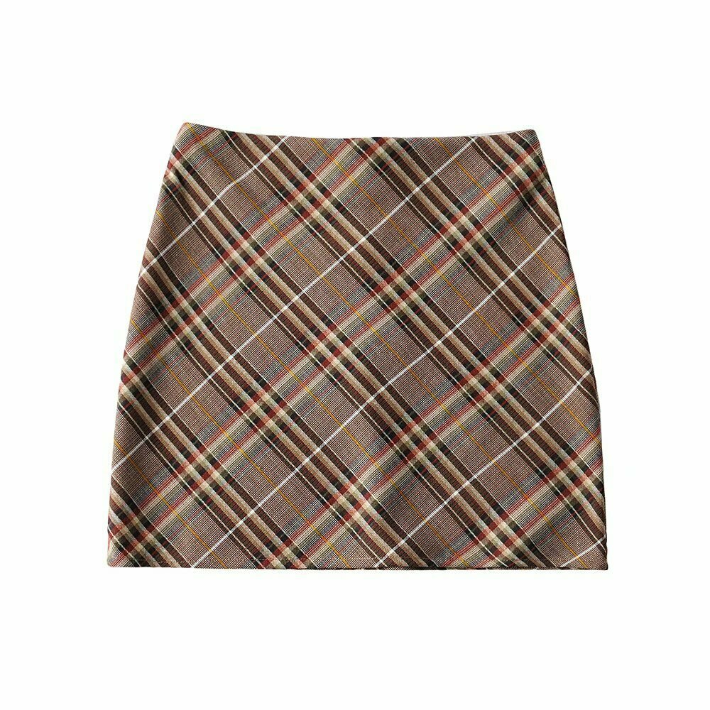 Y2K Brown Tartan Skirt - 90s Grunge, Retro Summer Outfit, Y2K Party & Club