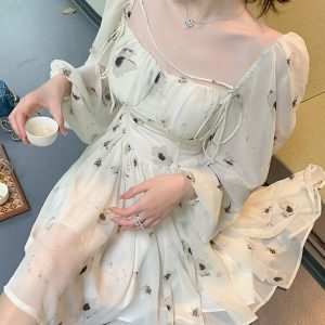 Y2K Bubble Sleeve White Dress - 90s Grunge, Retro Summer Outfit, Pastel Goth, Y2K