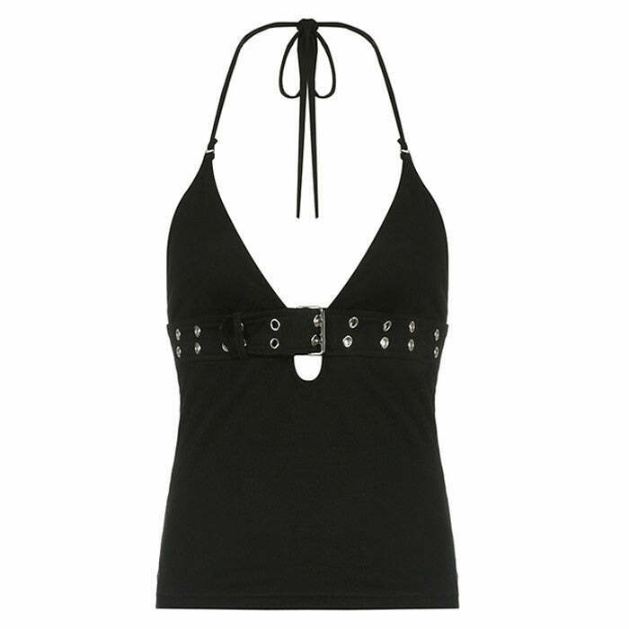 Y2K Buckle Halter Top - Retro 90s Grunge, Summer Party, Club, and Popstar Out