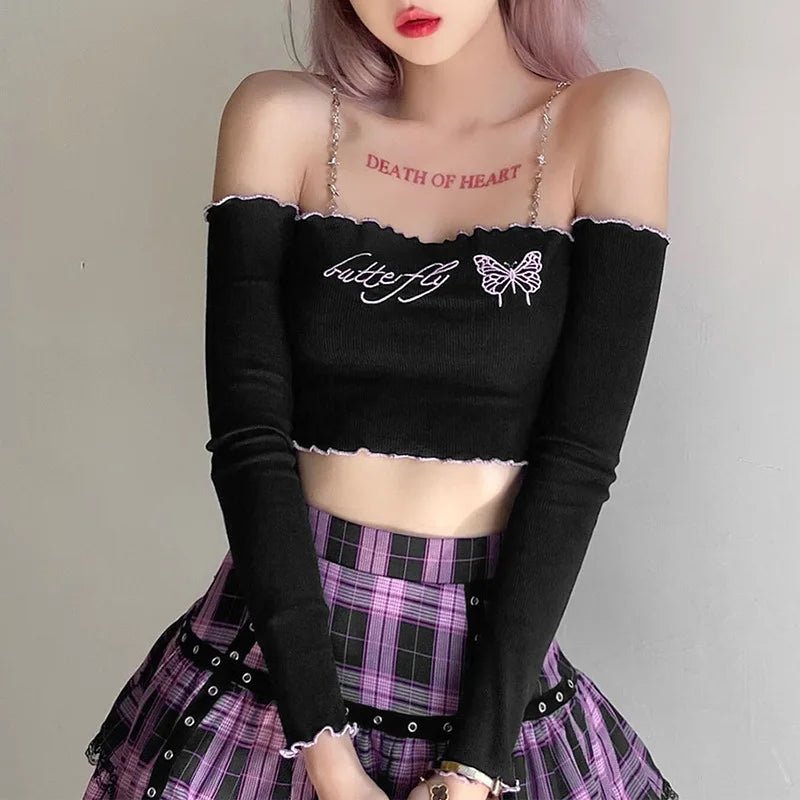 Y2K Butterfly Chain Crop Top - 90s Grunge, Retro Summer, Pastel Goth, Party Outfit