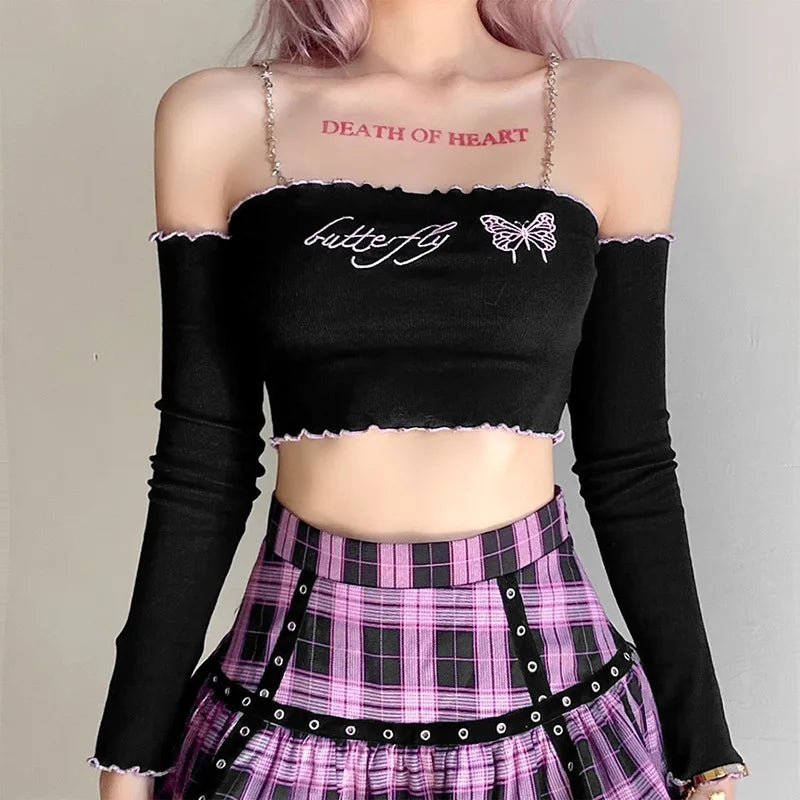 Y2K Butterfly Chain Crop Top - 90s Grunge, Retro Summer, Pastel Goth, Party Outfit