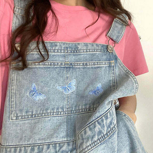 Y2K Butterfly Denim Dungaree Shorts - 90s Grunge, Retro Summer, Pastel Goth, Hip