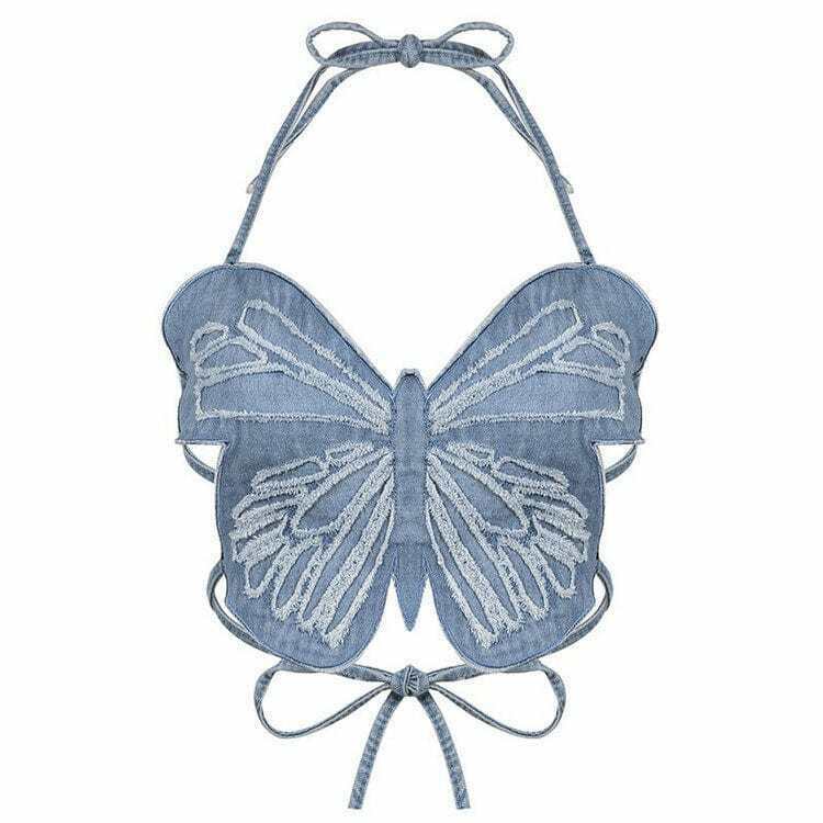 Y2K Butterfly Denim Top - 90s Grunge, Retro Summer, Pastel Goth, Y2K Party &