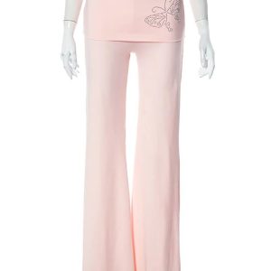 Y2K Butterfly Diamond Flare Pants - Retro 90s Grunge Summer Outfit, Y2K Party & Club Fashion