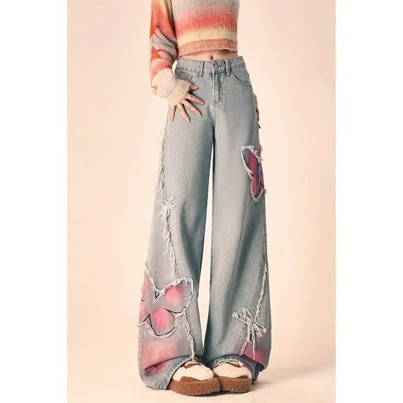 Y2K Butterfly Embroidered Jeans - 90s Grunge, Retro, Summer, and Party Outfits