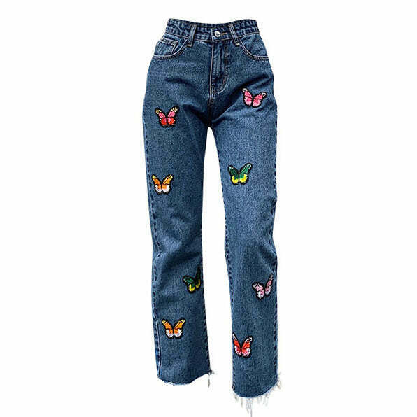 Y2K Butterfly Embroidery Jeans - 90s Grunge, Retro, Summer, and Party Outfits