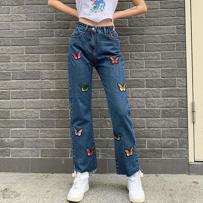 Y2K Butterfly Embroidery Jeans - 90s Grunge, Retro, Summer, and Party Outfits