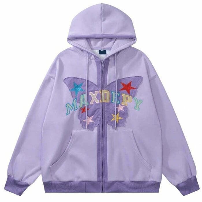 Y2K Butterfly Embroidery Zip Up Hoodie - 90s Grunge, Retro, Summer, Party, Club Outfits